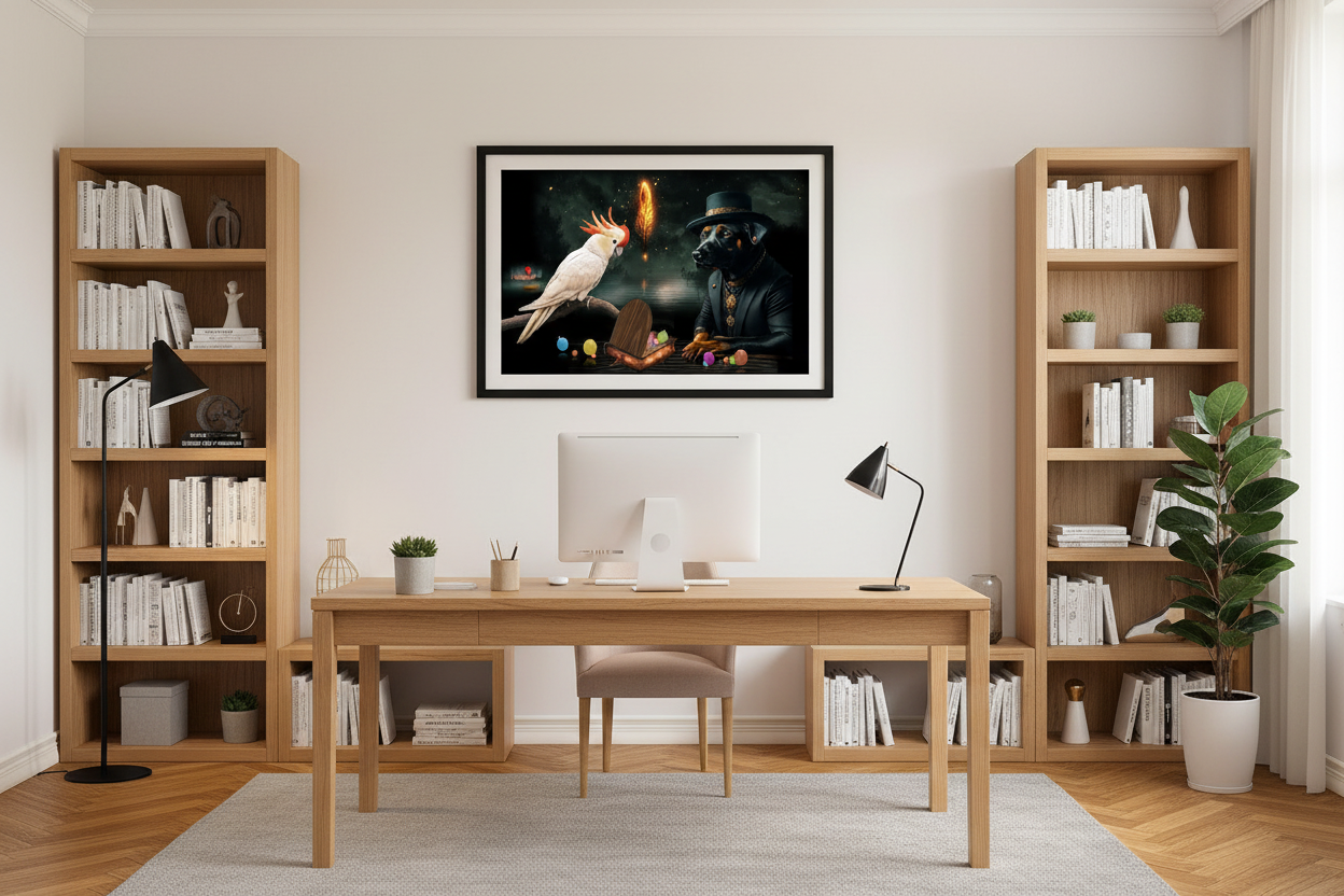 A styled home office interior featuring a light wood desk and matching shelving units, with a framed art print hanging on the wall above the desk. The print depicts a white cockatoo wearing a gold crown against a dark background with colorful glowing elements.