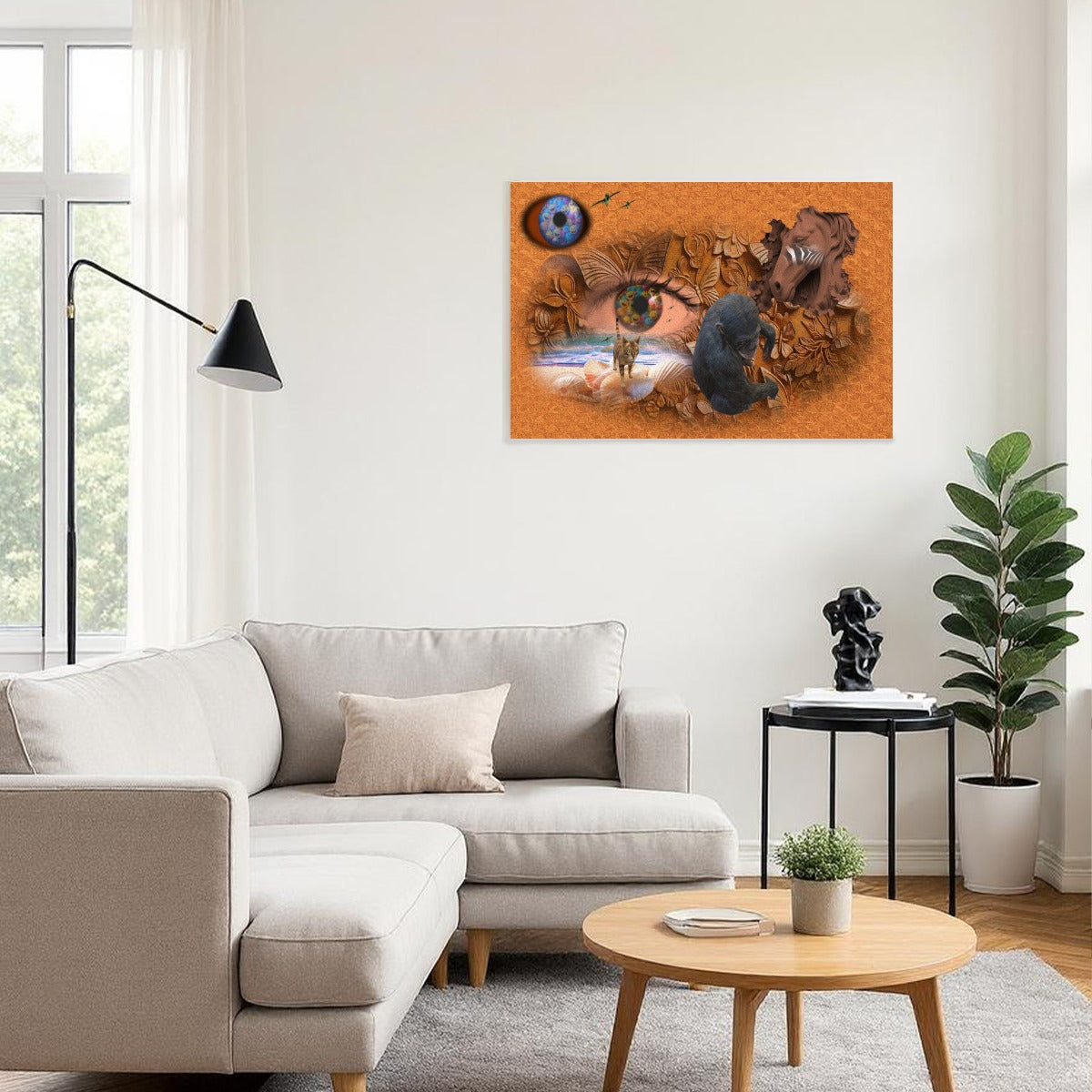 Modern living room with a gray sofa, wooden coffee table, and decorative wall art.
