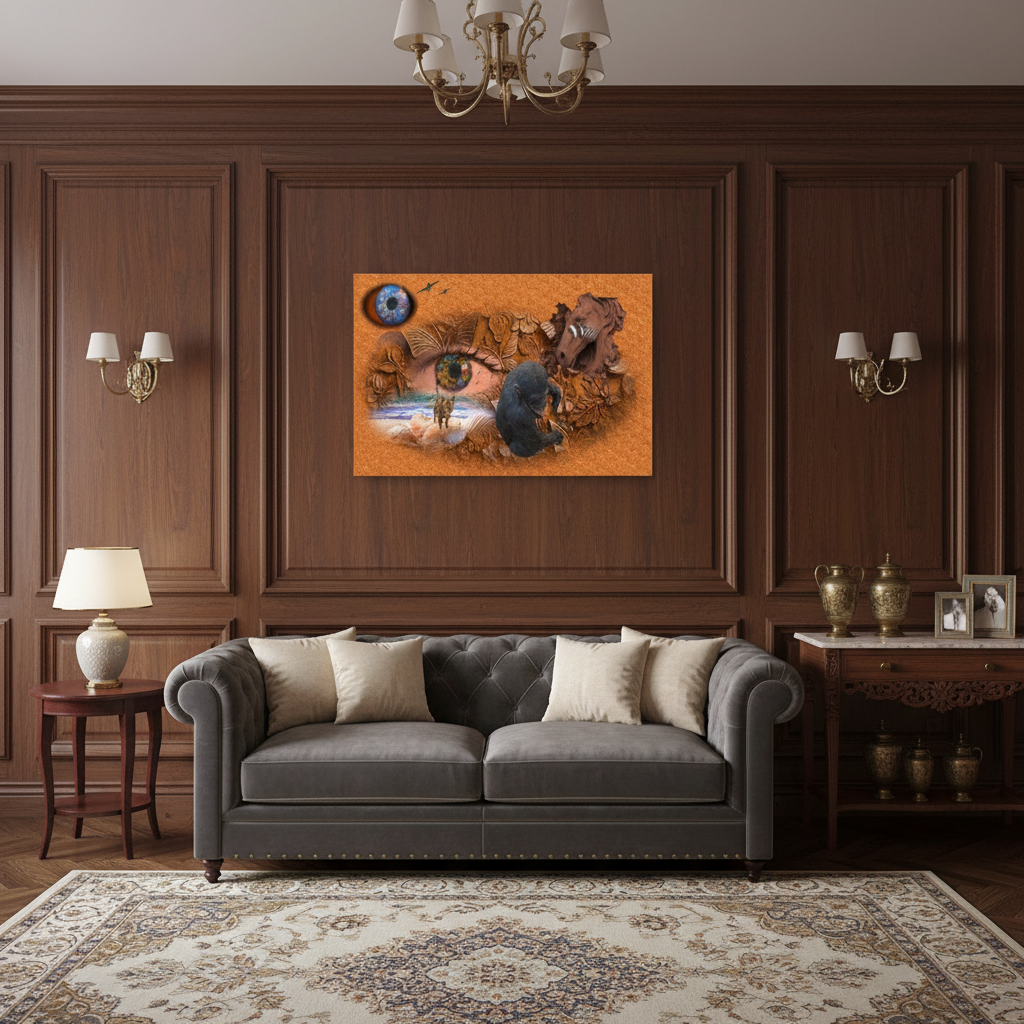 A framed wall art print featuring a surreal collage of an eye, a blue planet, and a dark bird on an orange-brown background, displayed in a mockup of a classic living room with dark wood paneling, a gray sofa, and a patterned rug.