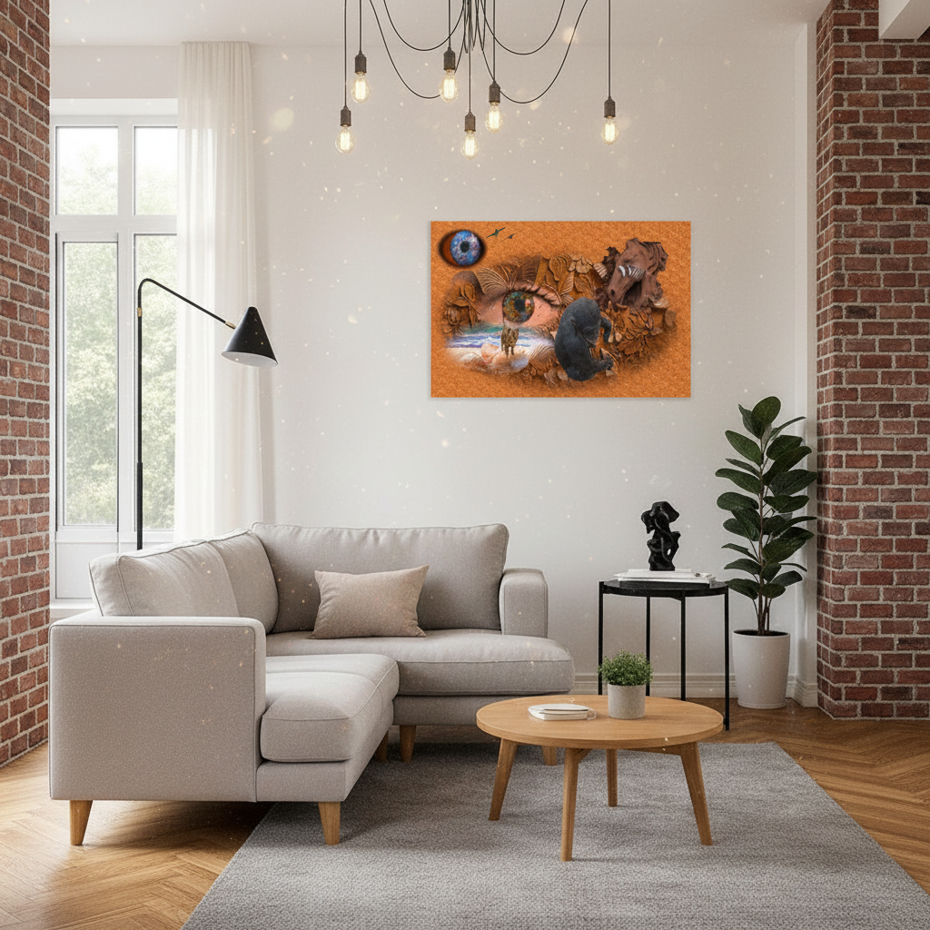 A framed surreal art print featuring a large eye, a black cat, and a blue globe on an orange textured background, displayed on a white wall in a modern living room with a beige sectional sofa, brick columns, and a round wooden coffee table.