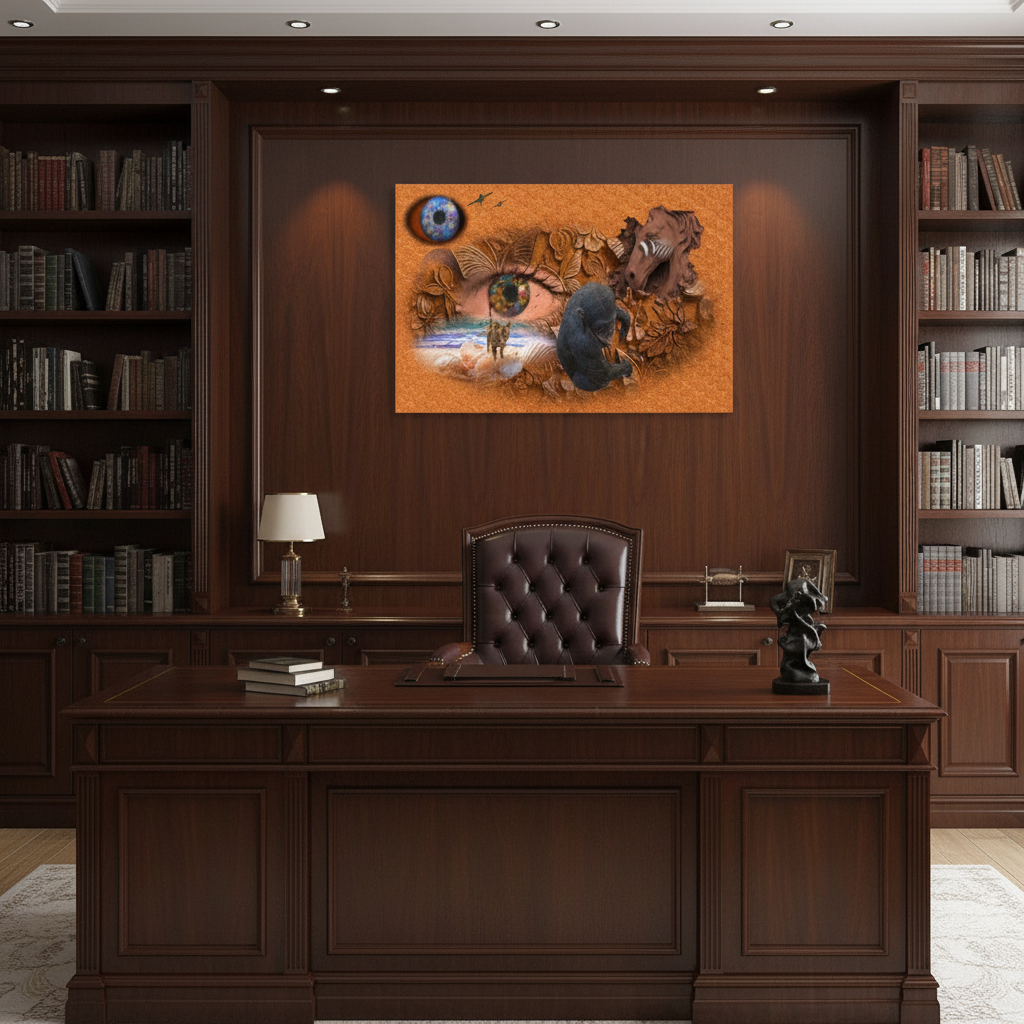 A framed surreal art print featuring a blue globe, a small figure, and a dark bear on an orange-brown background, displayed on a dark wood wall above a large wooden desk in a formal study with bookshelves.