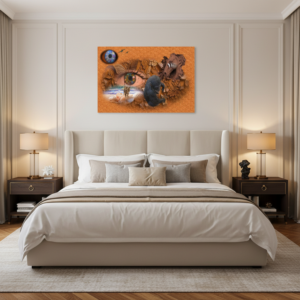 A large rectangular wall art print featuring a surreal desert scene with a human eye, a black cat, and a blue globe, displayed above a neatly made bed in a modern beige bedroom.