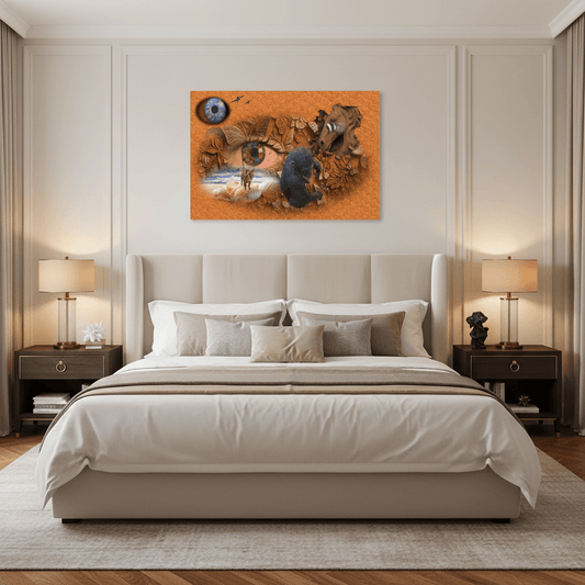 Perspectives of Perception Abstract Canvas Print A large rectangular wall art print featuring a surreal desert scene with a human eye, a black cat, and a blue globe, displayed above a neatly made bed in a modern beige bedroom.
