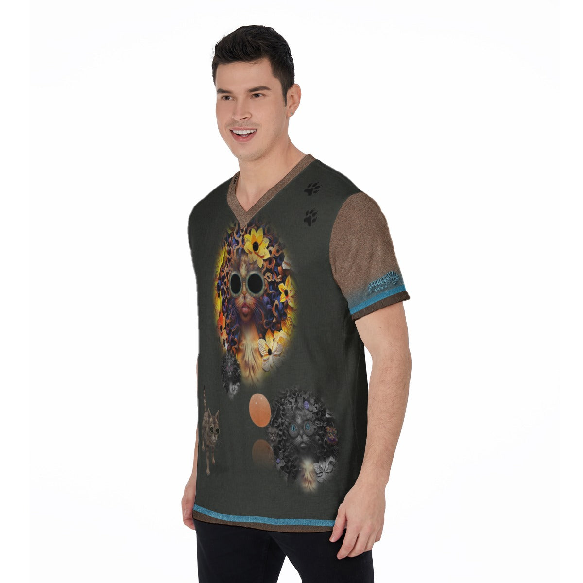 A man wearing a dark gray v-neck t-shirt with a colorful, surreal graphic print of a dog's face and paw prints, set against a plain white background.