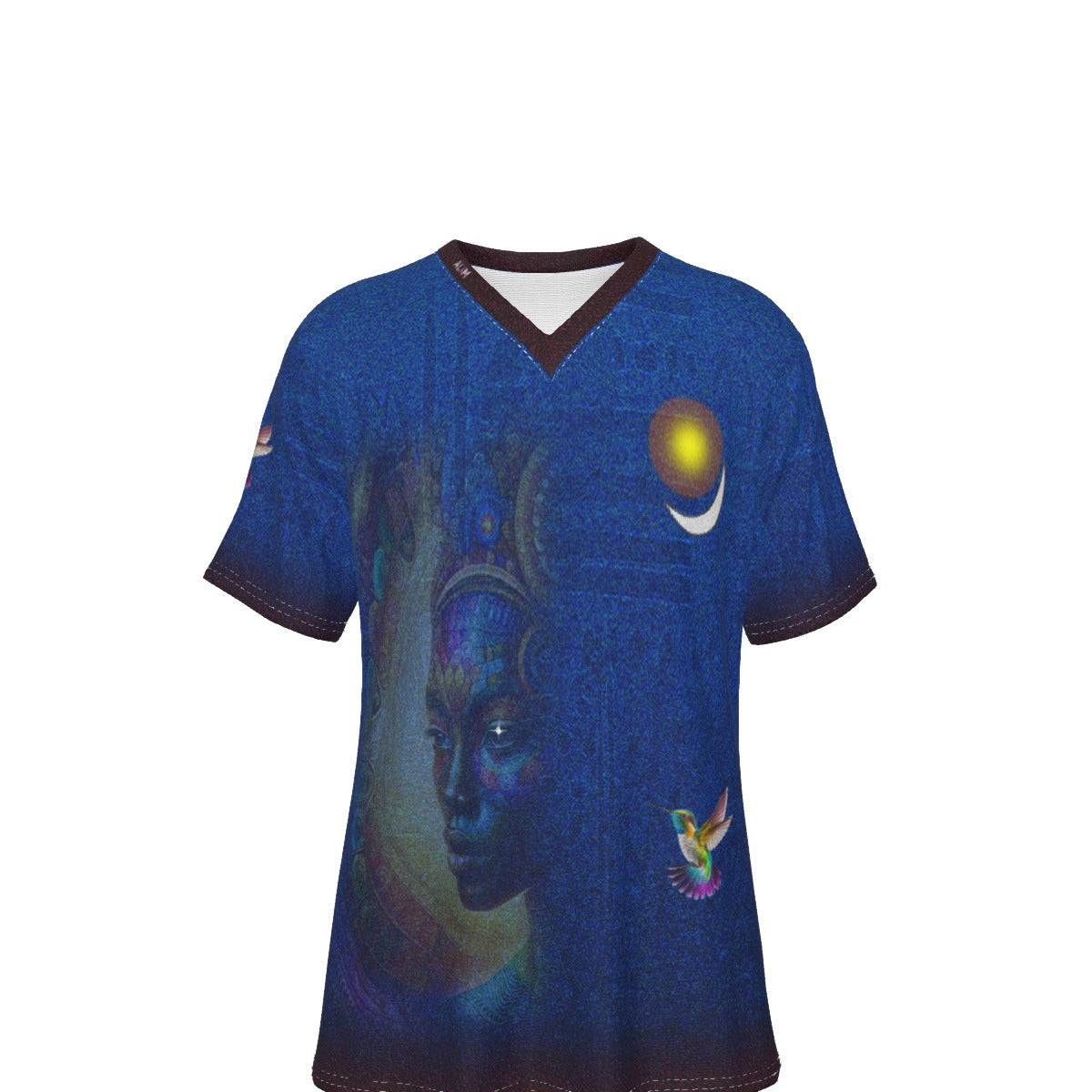 A blue short-sleeve V-neck t-shirt featuring a detailed graphic print of a face, a crescent moon and sun, and a hummingbird on a white background.