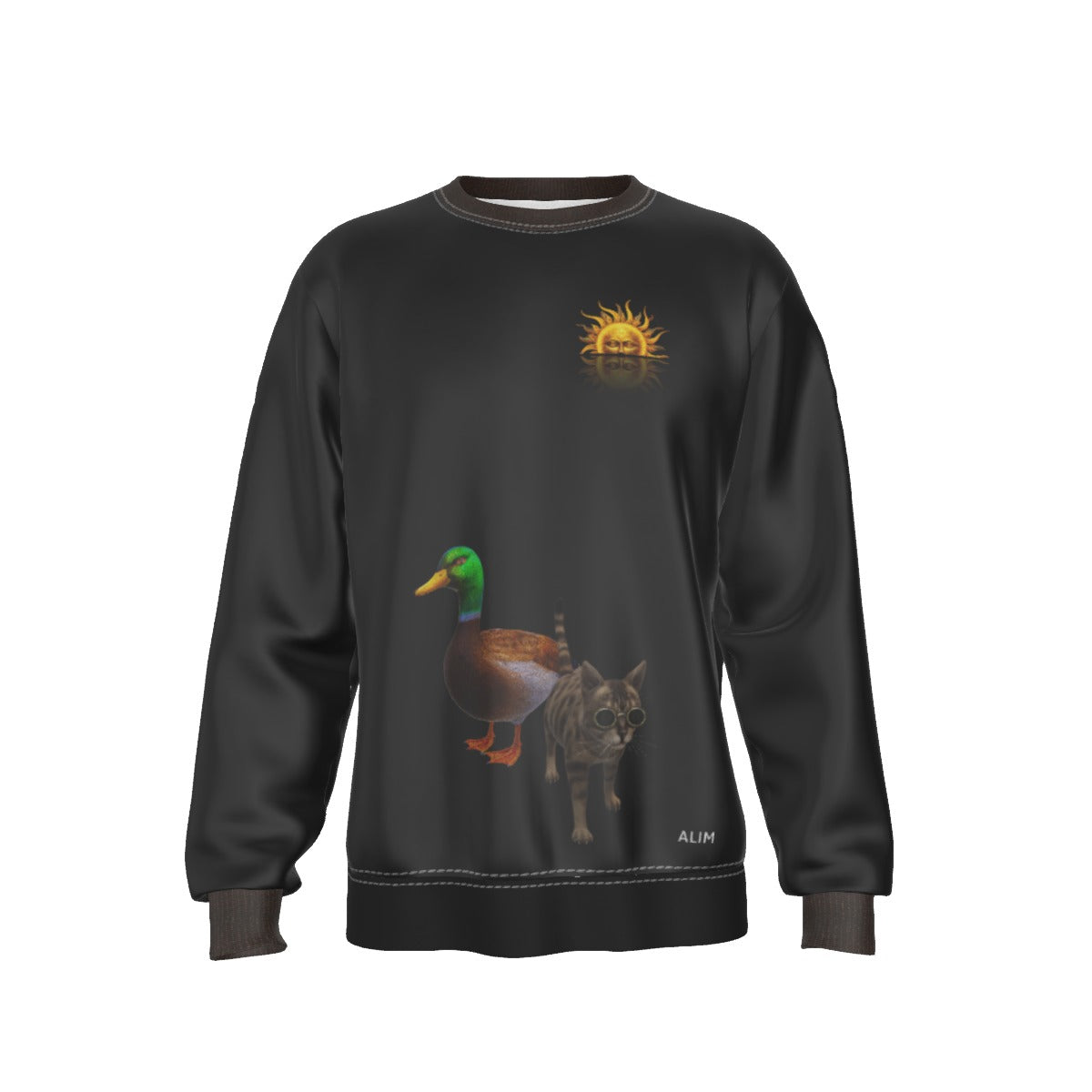 A black crewneck sweatshirt featuring a graphic print of a mallard duck and a tabby cat on the front, with a small yellow sun graphic on the upper chest and the name 'ALIN' printed near the bottom right.