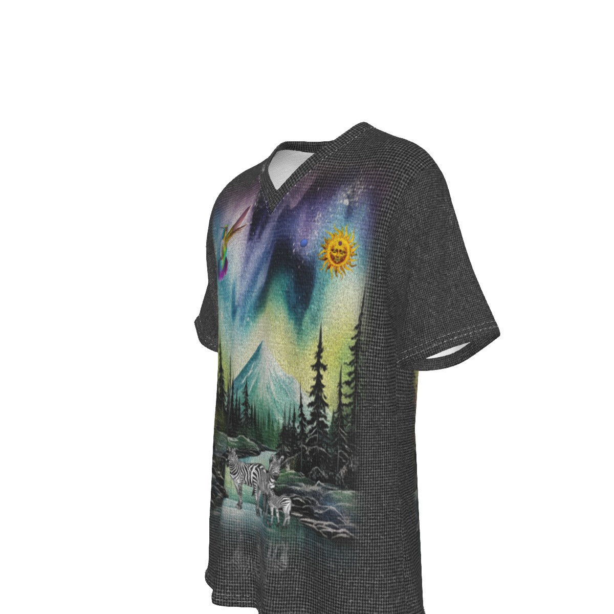 A dark gray V-neck t-shirt featuring a vibrant, full-length graphic print of an aurora borealis landscape with a mountain, trees, a zebra, and a smiling sun.