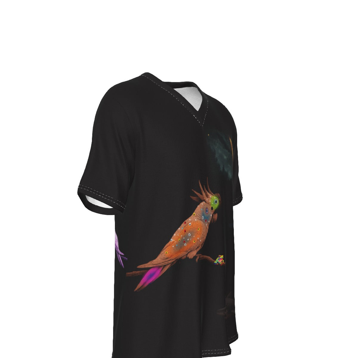 A black short-sleeve V-neck t-shirt featuring a detailed graphic print of an orange cockatoo with green and purple accents, shown on a plain white background.