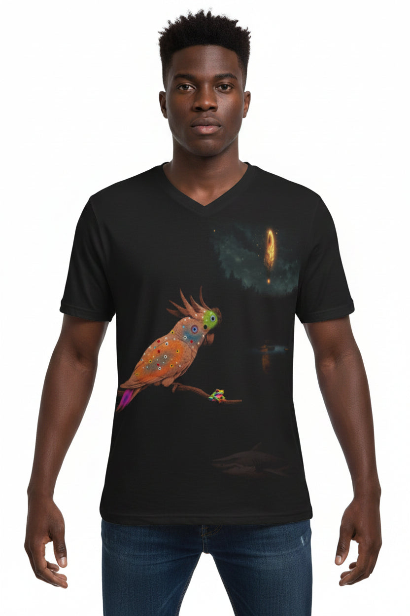 A black V-neck short-sleeve scrub top featuring a detailed graphic print of a brown cockatoo with colorful spots, a small bird, and a glowing orange celestial body against a dark sky.