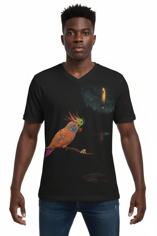 A black V-neck short-sleeve scrub top featuring a detailed graphic print of a brown cockatoo with colorful spots, a small bird, and a glowing orange celestial body against a dark sky.