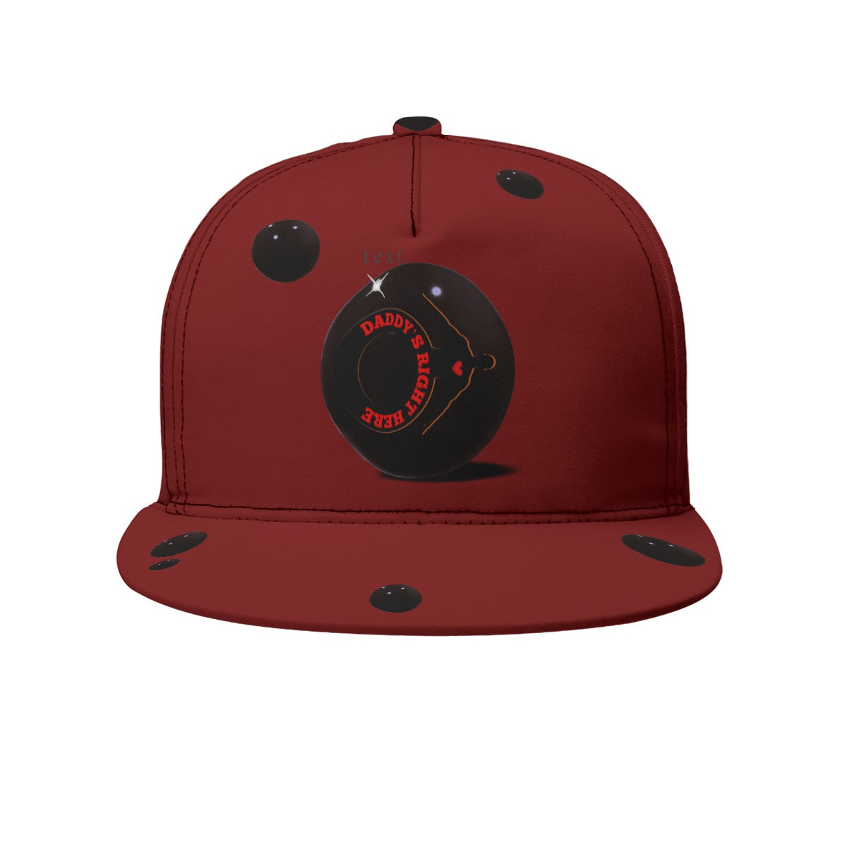 A red flat-brim baseball cap featuring a black circular graphic on the front with the words 'DADDY'S RiIGHT HERE' in red and a small white star, plus black button-eye details on the brim and crown.