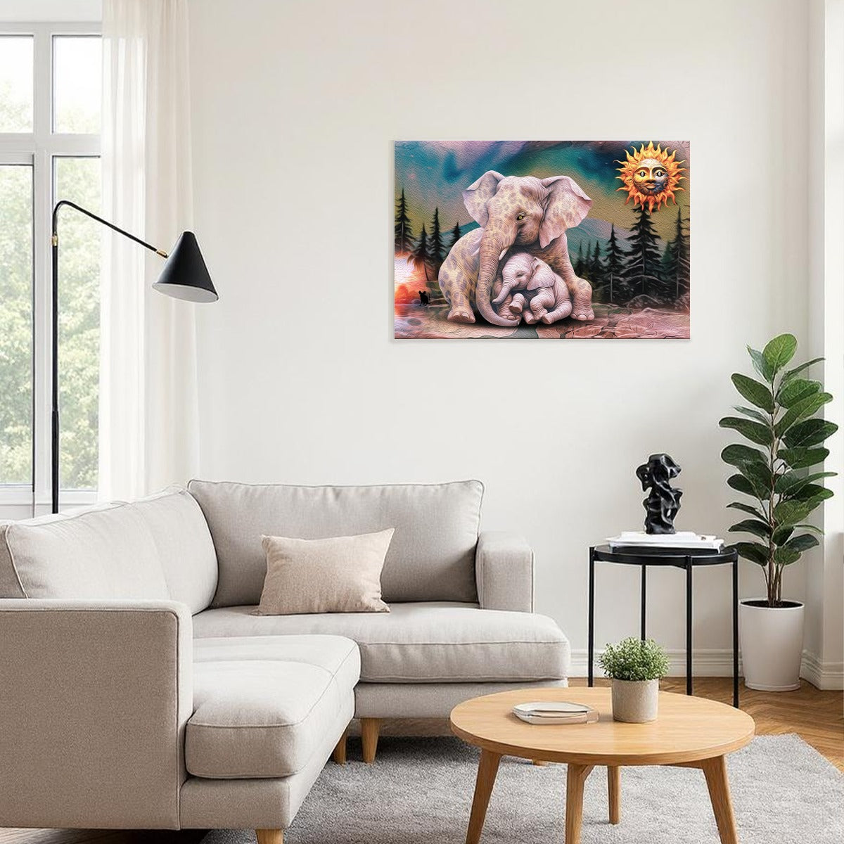 Living room with a gray sectional sofa, wooden coffee table, and wall art of elephants.