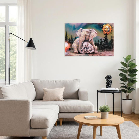 Living room with a gray sectional sofa, wooden coffee table, and wall art of elephants.