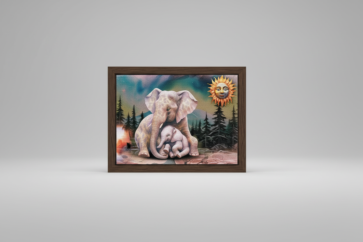 A framed art print depicting a mother elephant nursing her calf under a bright sun, set against a dark gray studio background.
