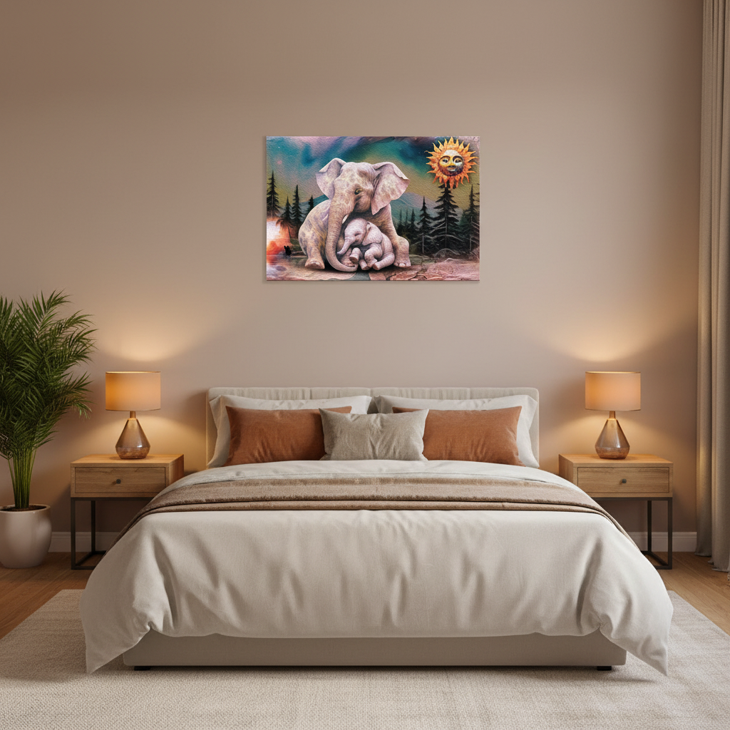 A bedroom scene with a large bed centered against a beige wall, flanked by two wooden nightstands and lit table lamps. A colorful wall art print showing an elephant in a forest with a sun is mounted above the bed.