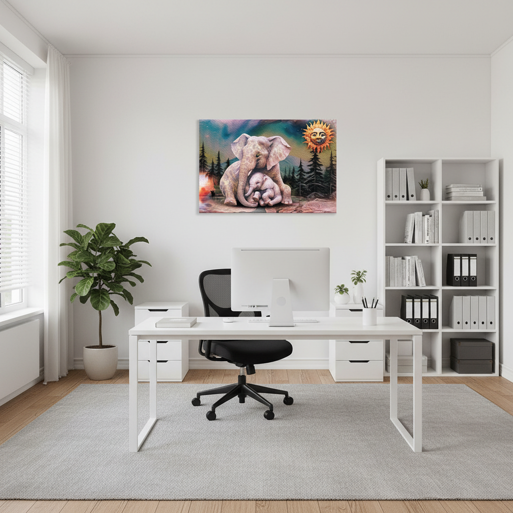 A colorful canvas art print of an elephant and baby elephant hanging on a white wall in a modern, bright home office setup with a desk, chair, and shelving.