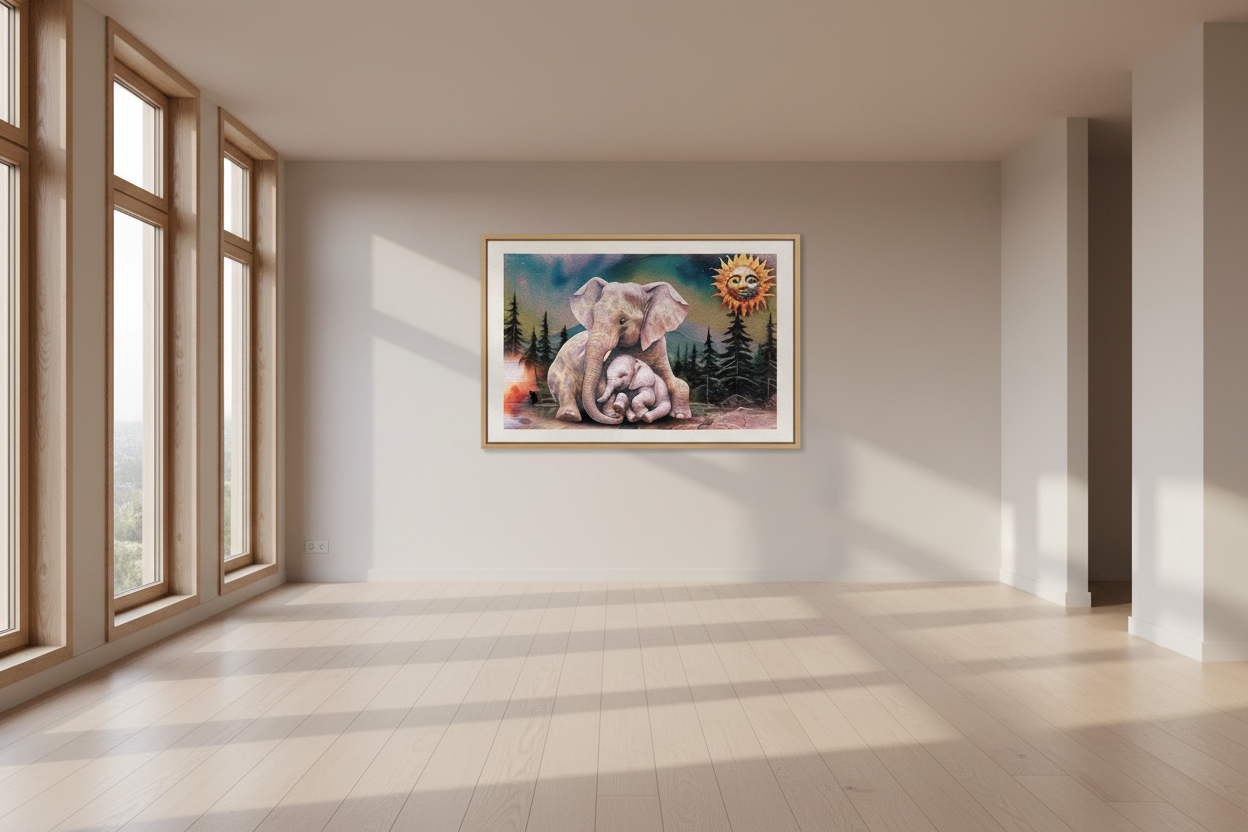 A framed art print depicting a mother elephant and her calf under a bright sun, displayed on a light gray wall in a modern, sunlit room with wooden floors and tall windows.