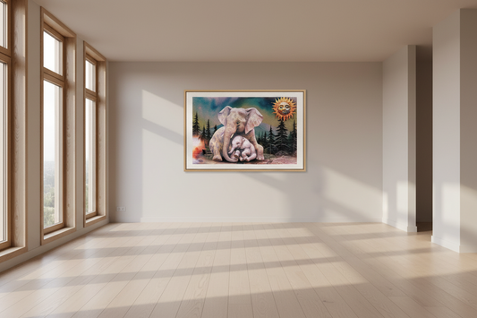 No Doubt Abstract Canvas Print A framed art print depicting a mother elephant and her calf under a bright sun, displayed on a light gray wall in a modern, sunlit room with wooden floors and tall windows.
