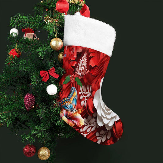 ALIM4U- Floral with monarch butterfly Santa Stocking with a red and white theme, the butterfly adds a taste of orange and teal.