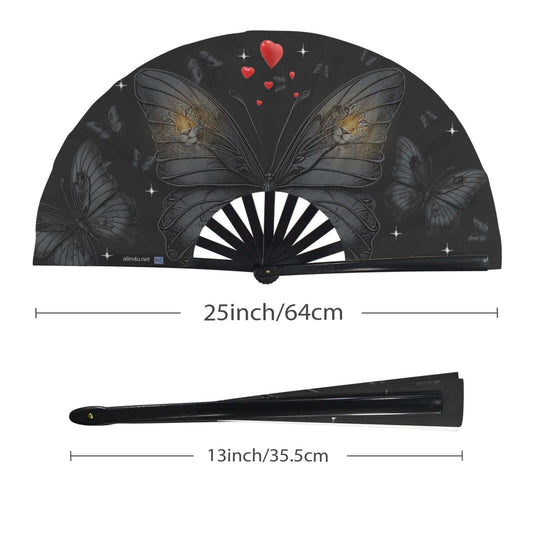 Folding Clack Fan 50 floral Canvas ButterfliesBlack butterfly fan with red heart design and measurements on a white background