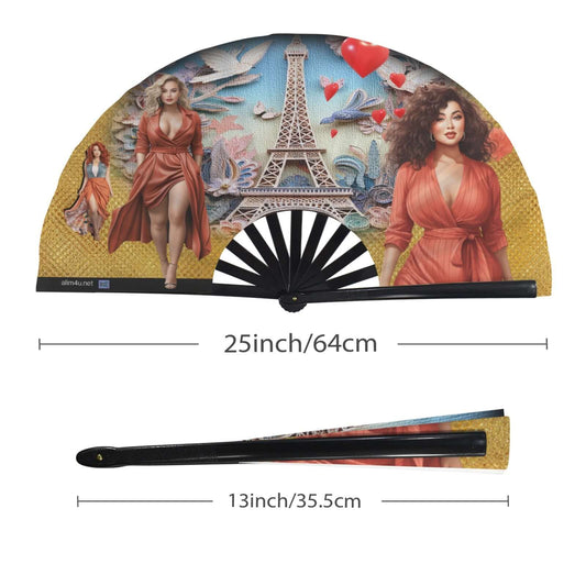 Folding Clack Fan 63 multi colored floral butterfliesDecorative fan with Eiffel Tower and women in red dresses, shown open and closed with measurements.