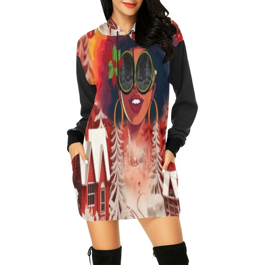 ALIM4U- Woman with Afro Christmas Scene Women's All Over Print Hoodie Mini Dress(Model H27)