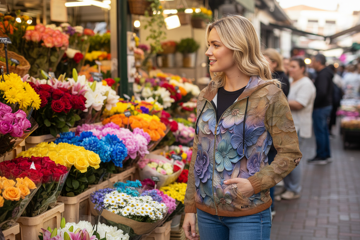 Hoodie with orange, blue, purple floral design on a white burnished background
