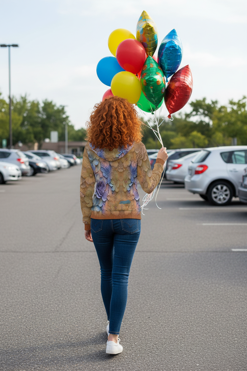 Floral blue, orange, and purple patterned zip-up jacket worn by a person on a white background