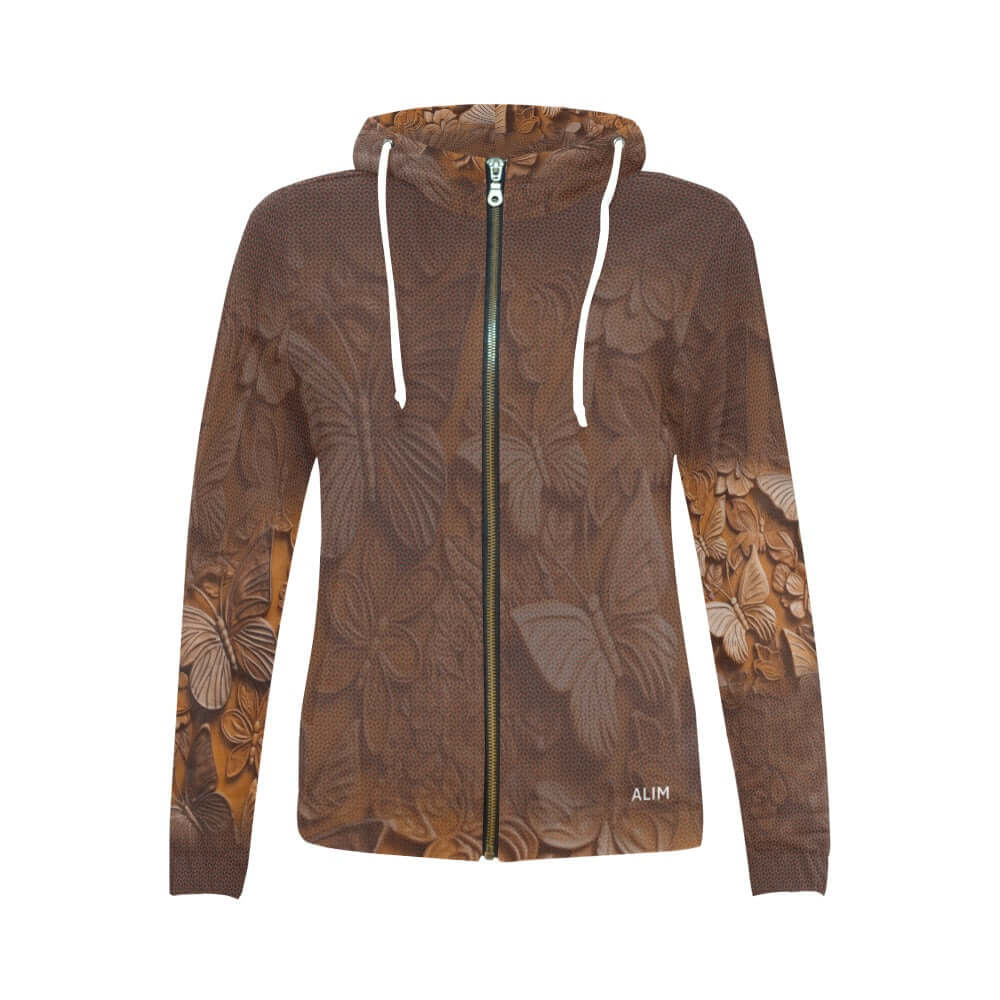 Brown zip up hoodie floral print 