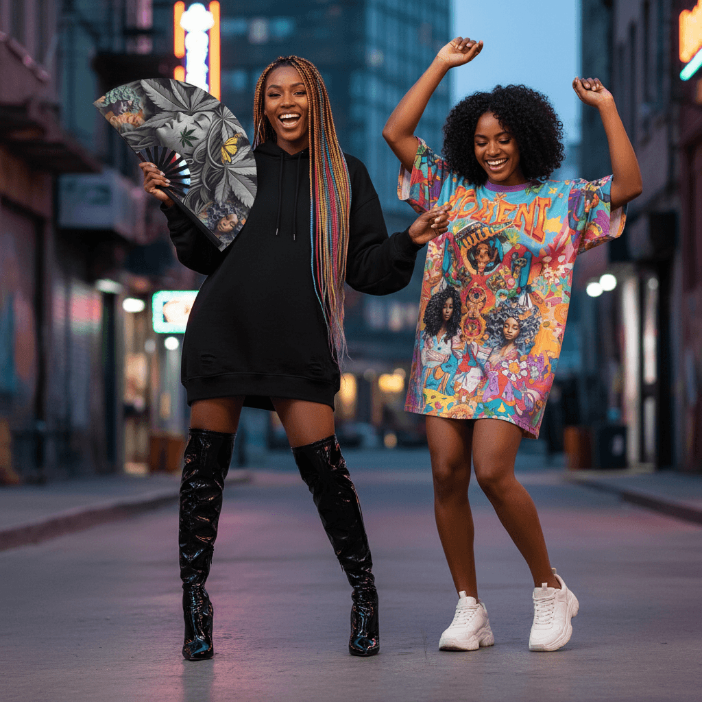 Two women dancing on a city street at night.