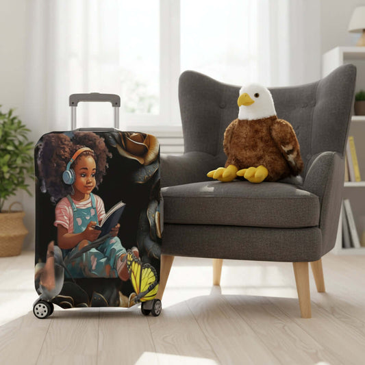 Luggage Cover Large Size 26-28 Young Black Girl Luggage with a design of a child reading a book, surrounded by shoes and a butterfly on a white background.