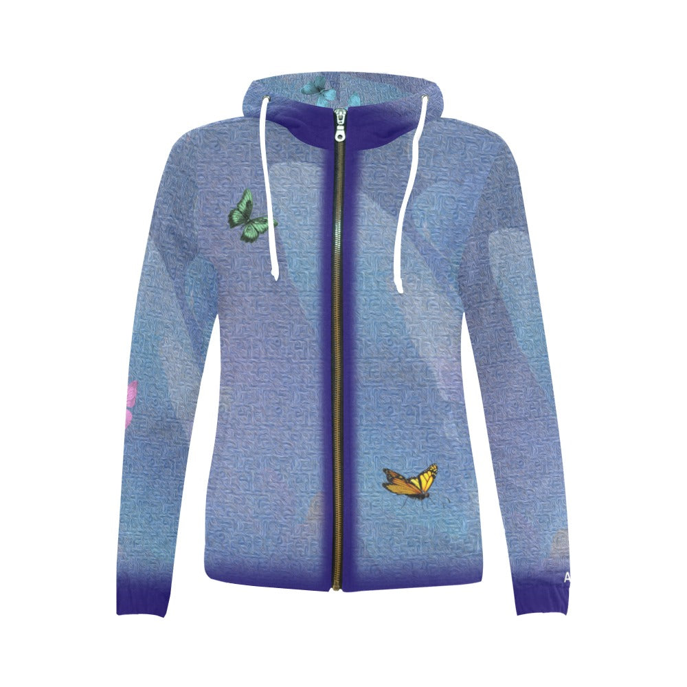 Blue hoodie with butterfly designs on a white background