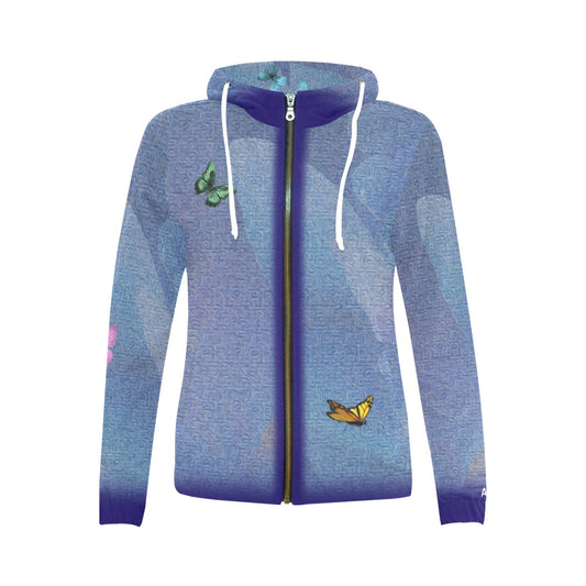 Blue hoodie with butterfly designs on a white background