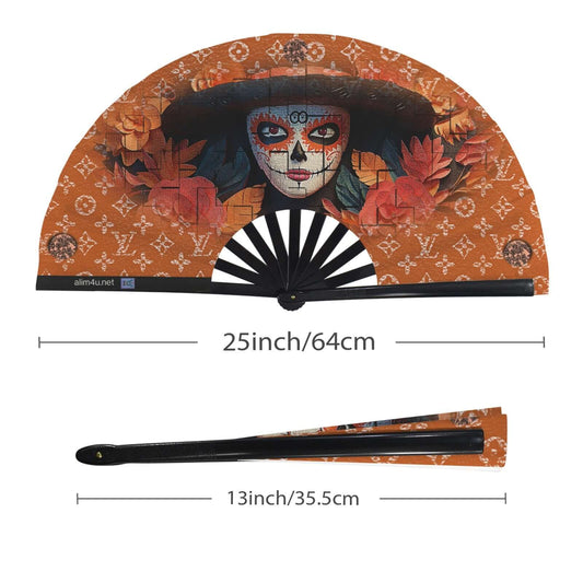 Fan 90 Folding Clack Fan multi colored floral butterflies Decorative fan with artistic design and measurements on a white background