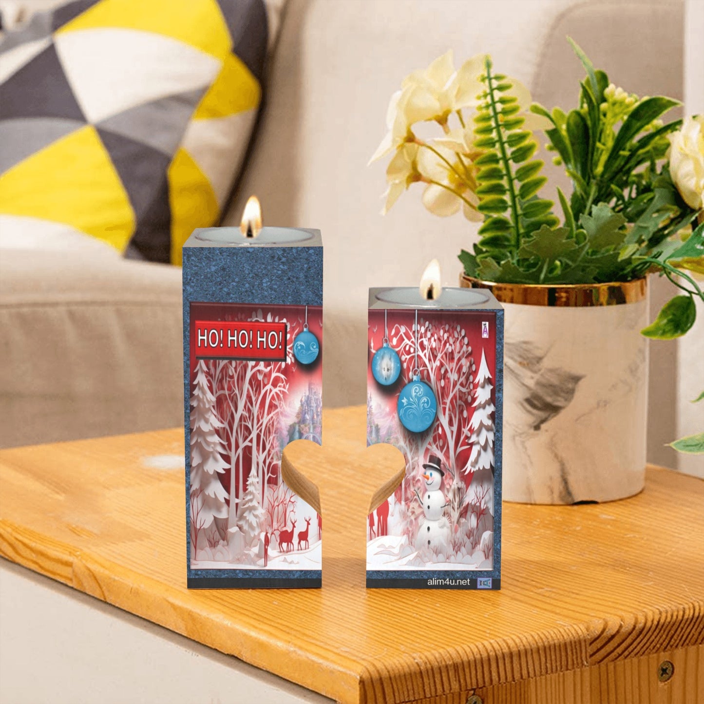 ALIM4U- Christmas Scenery Wooden Heart Candle Holder