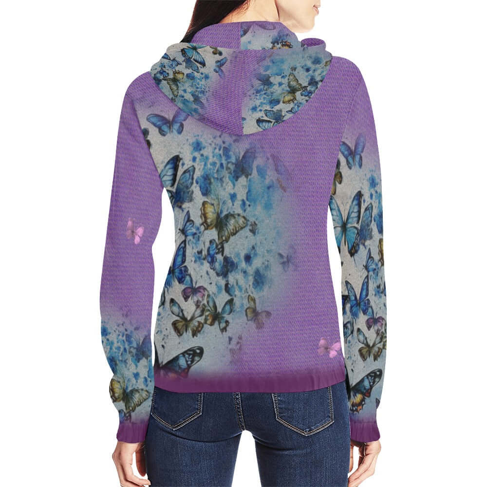 Purple Zip-Up Hoodie Multi-Colored Butterflies  