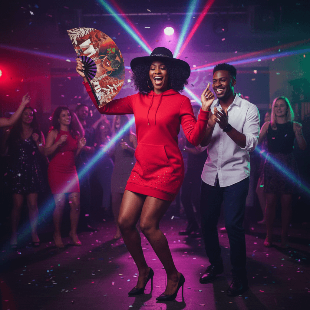Woman in a red dress and black hat dancing with a man on a dance floor with colorful lights.