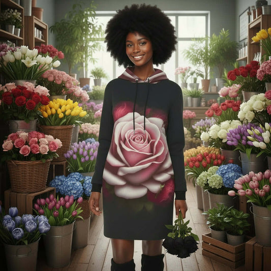 ALIM4U- Black Hoodie Mini Dress Large Pink and Red Roses 