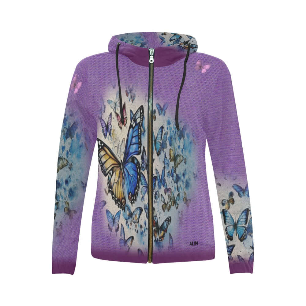 Purple Zip-Up Hoodie Multi-Colored Butterflies  