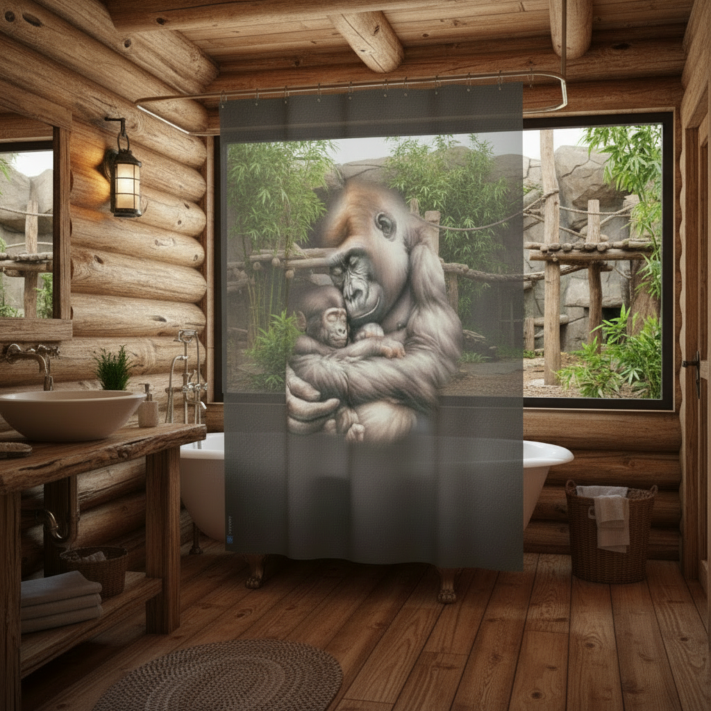 Bathroom with wooden walls and a large shower curtain featuring an animal design.