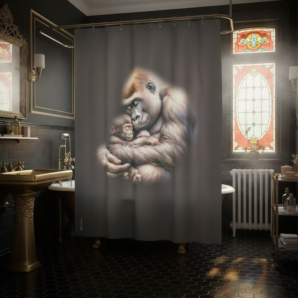 Shower curtain with a gorilla and baby design in a bathroom setting
