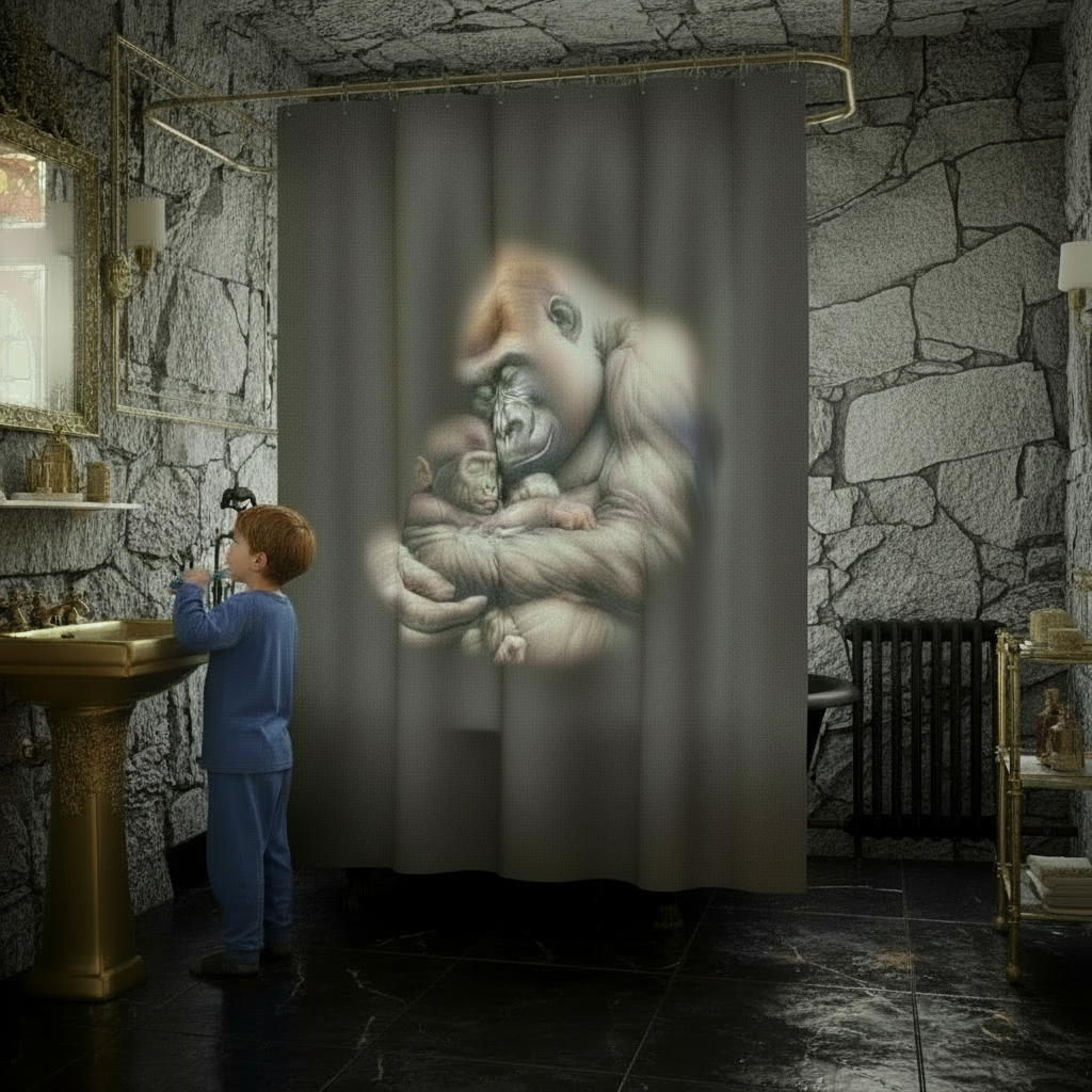 Person standing in a bathroom with a shower curtain featuring a surreal design.