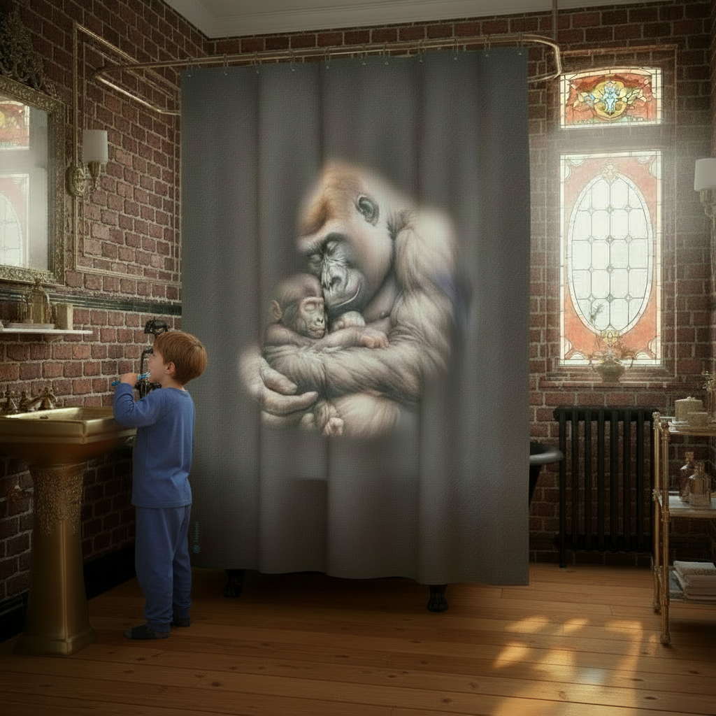 Shower curtain with a gorilla design in a bathroom setting