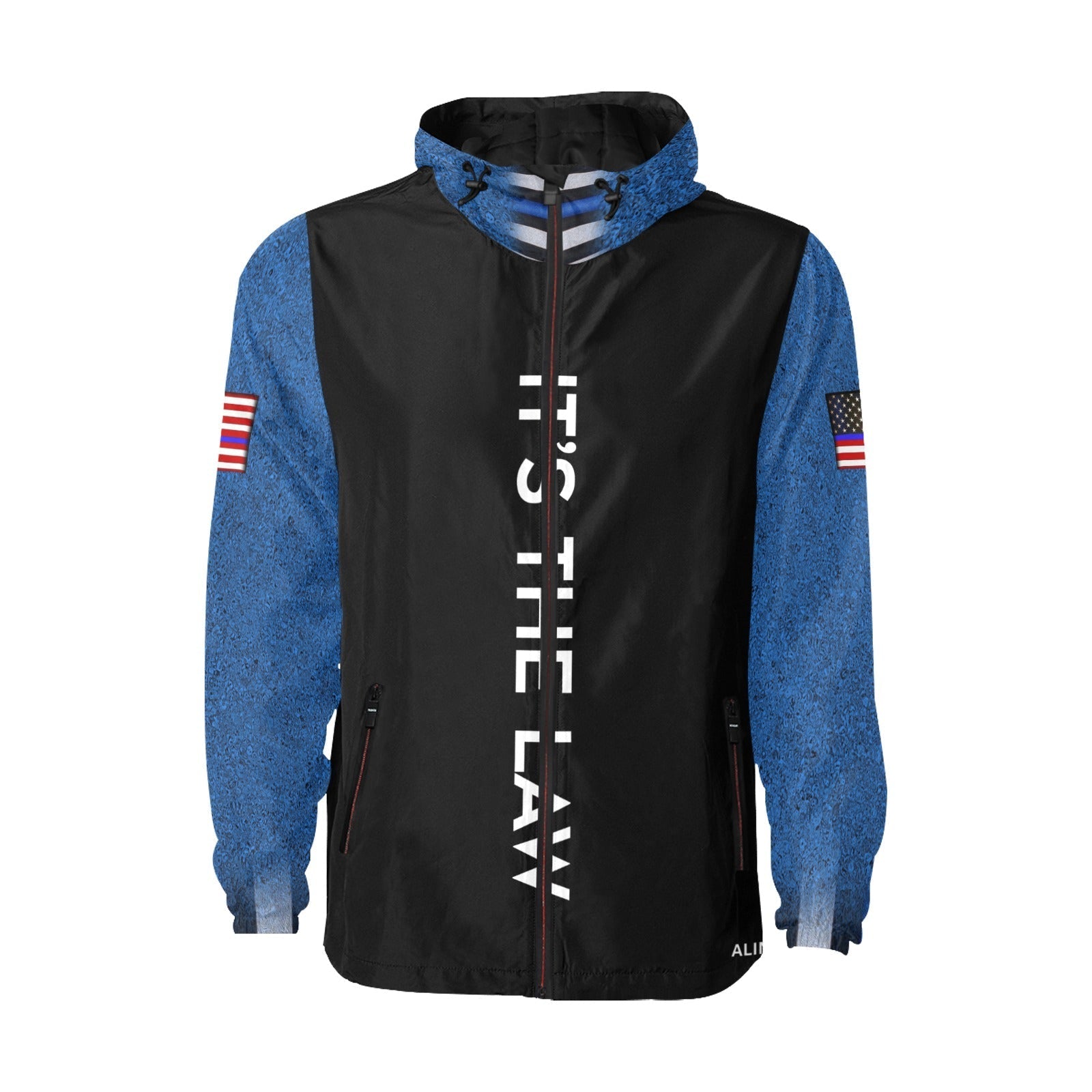 Black and blue jacket with text and flag designs on a white background