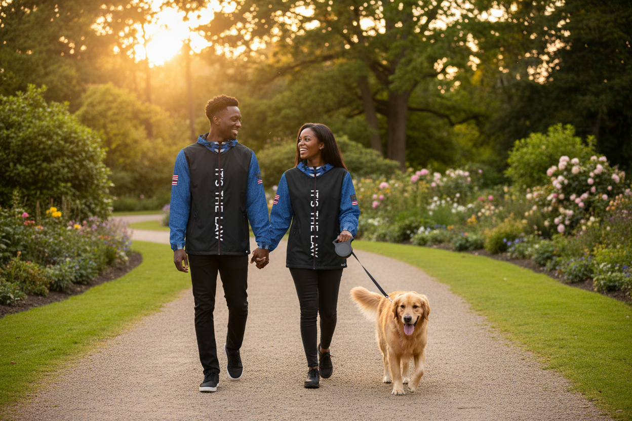 Black and blue jacket with text and flag designs on a white background