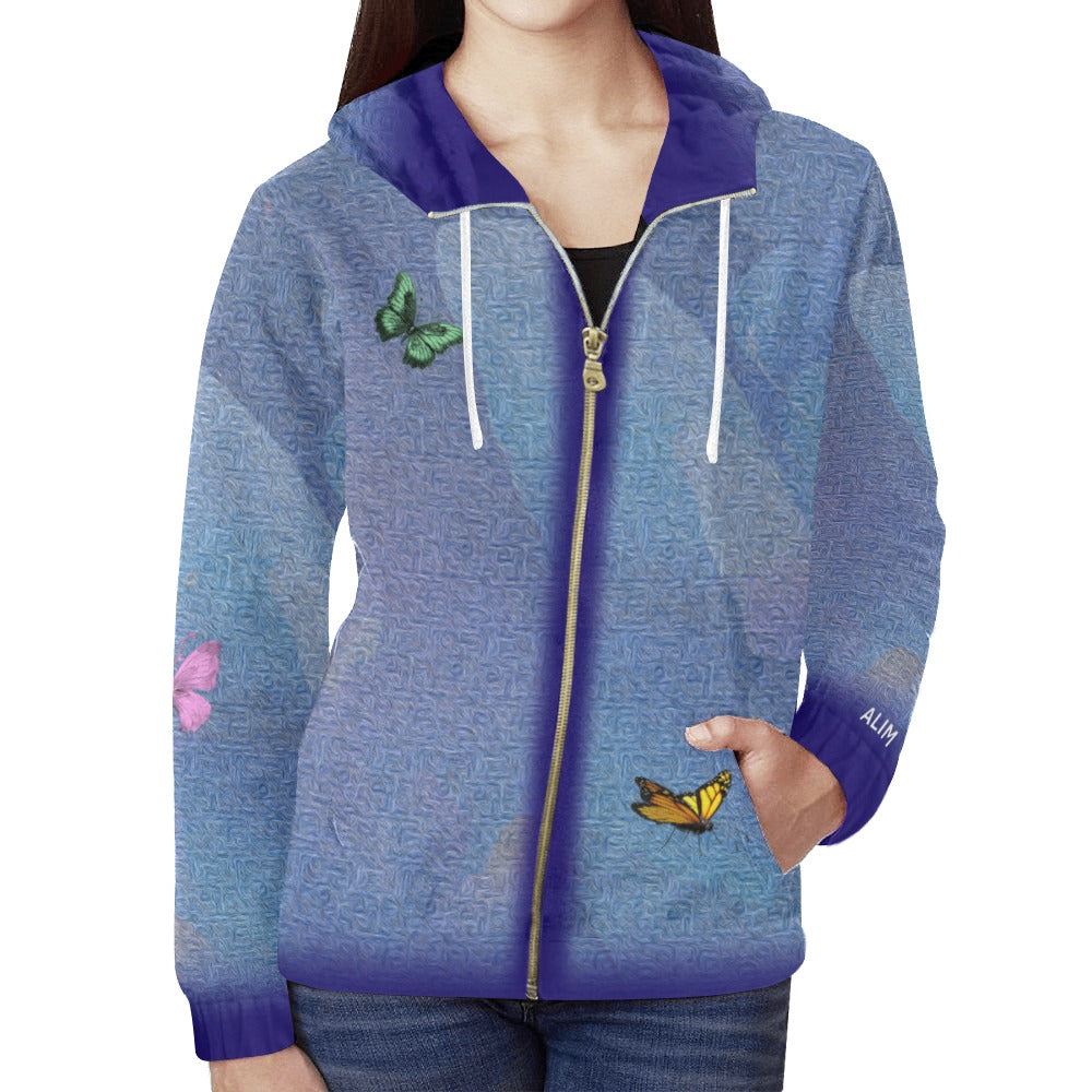 Blue and purple hoodie with butterfly designs on a white background