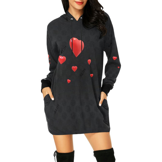 ALIM4U- Red Hearts on Black Women's All Over Print Hoodie Mini Dress(Model H27)
