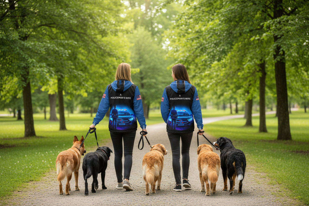 Hoodie with a police car and 'A Policeman's Wife' text on a white background