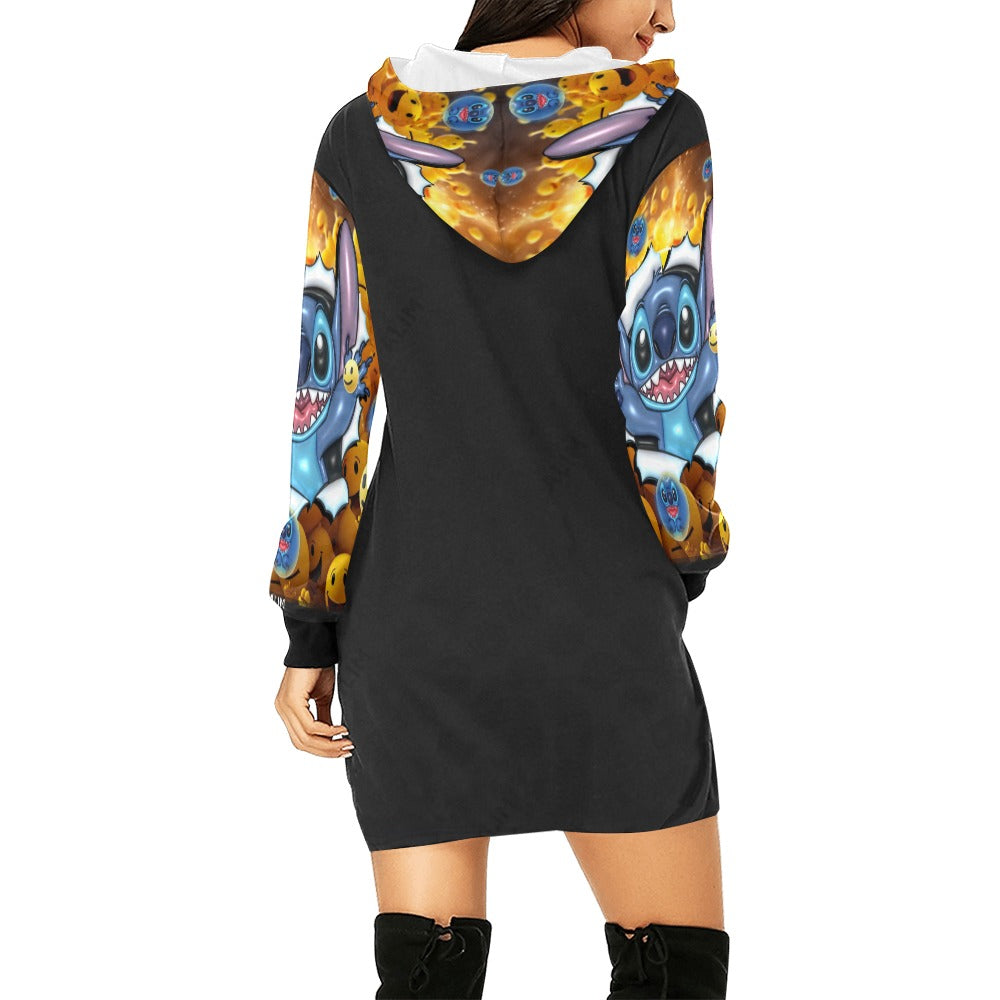 ALIM4U- Blue Cartoon Favorite Women's All Over Print Hoodie Mini Dress(Model H27)