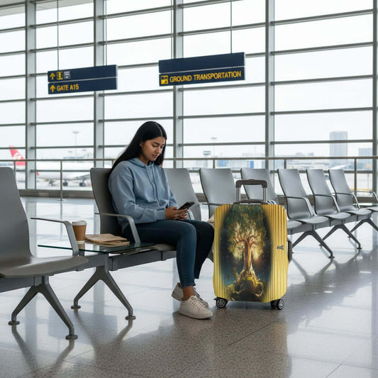 Luggage Cover Large Size 26-28 Glowing Oak Tree Graphic Yellow suitcase with a tree and animal design on a white background
